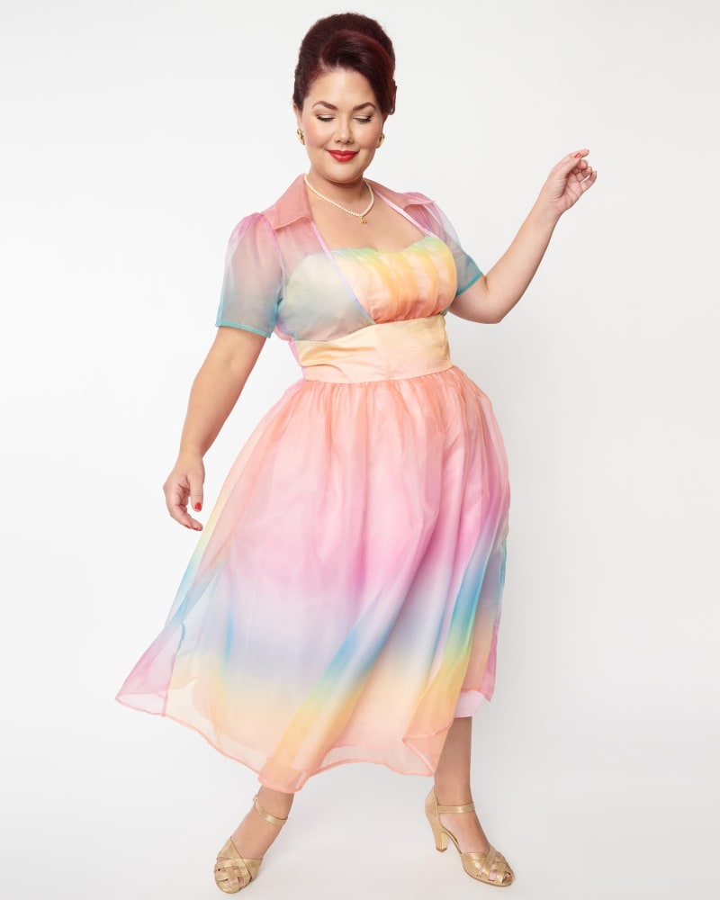 Front of a model wearing a size 1X Unique Vintage Plus Size Pastel Rainbow Ombre Libby Swing Dress in Rainbow by Unique Vintage. | dia_product_style_image_id:298535